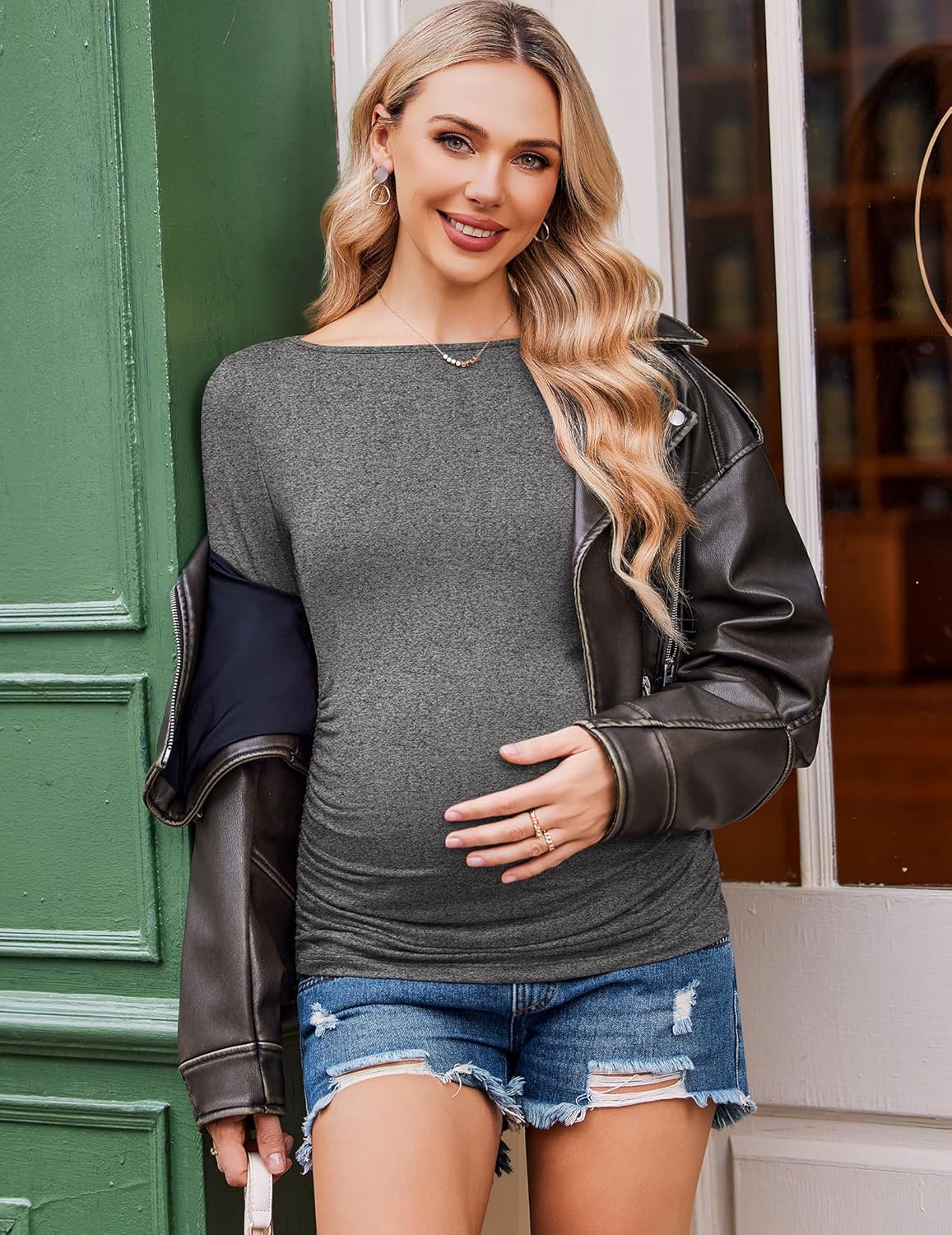 Maternity long sleeve tunic tee, dark gray, side ruching