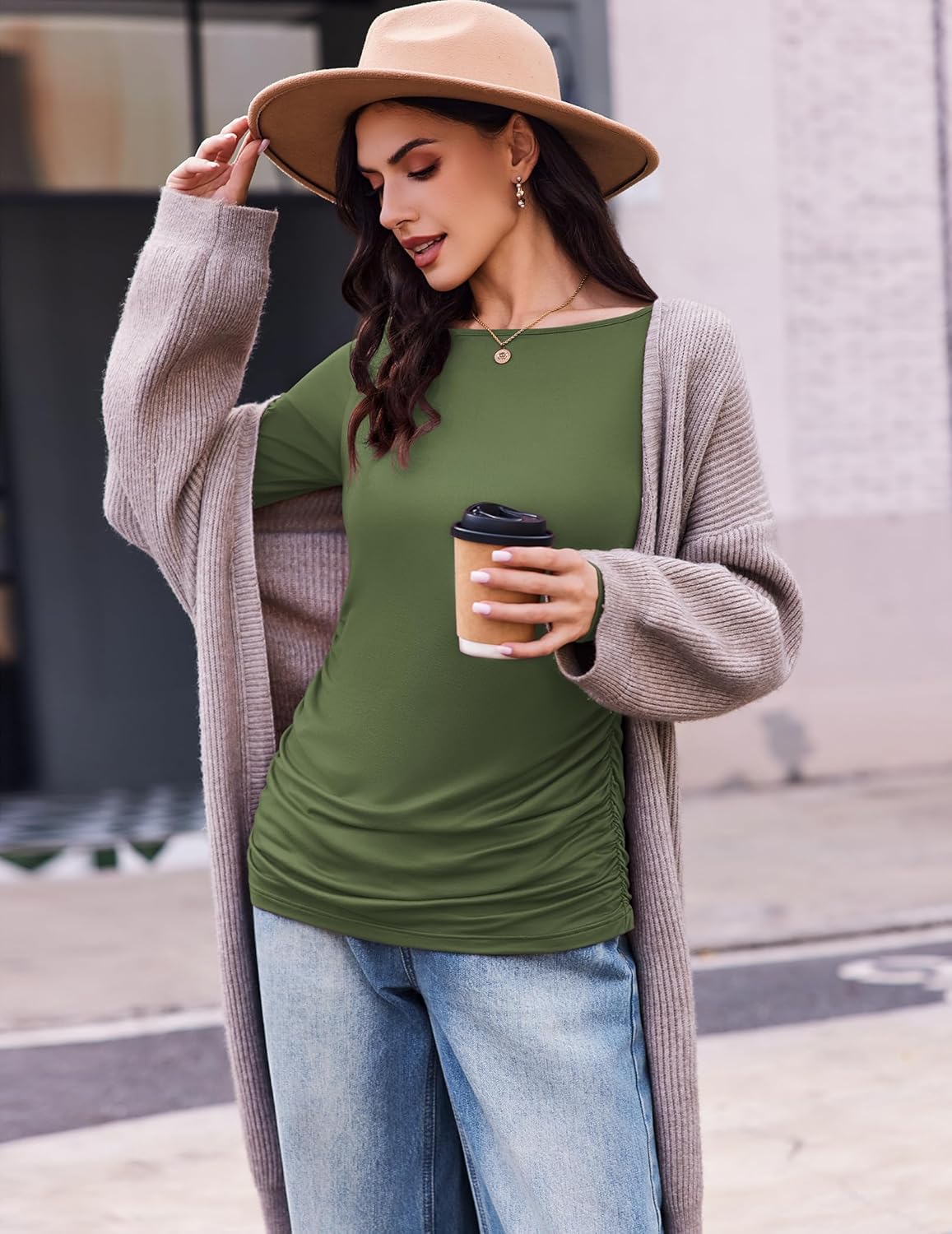 Green long-sleeve maternity tunic tee with soft drape