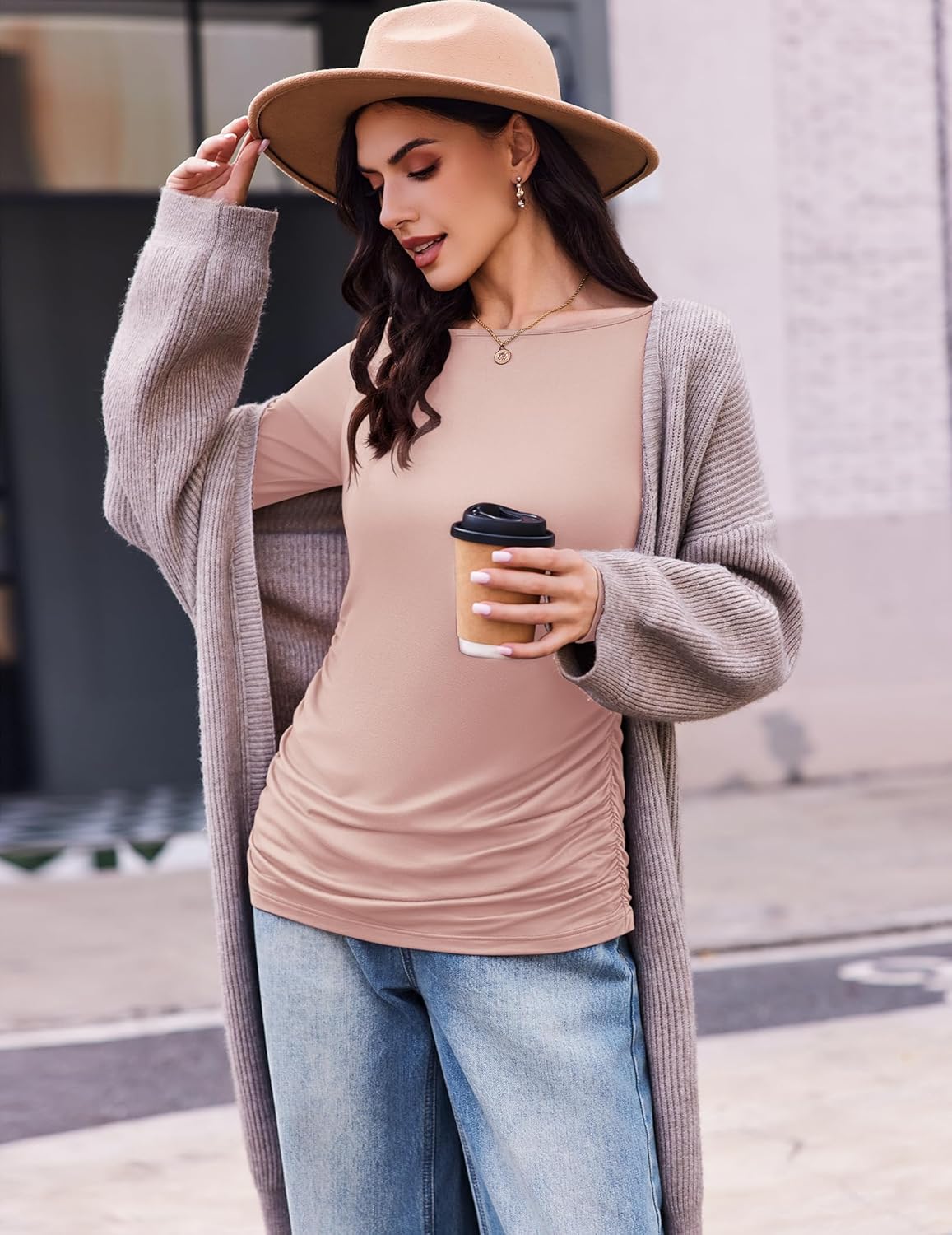 Maternity long sleeve tunic tee, nude beige, gathered ruching