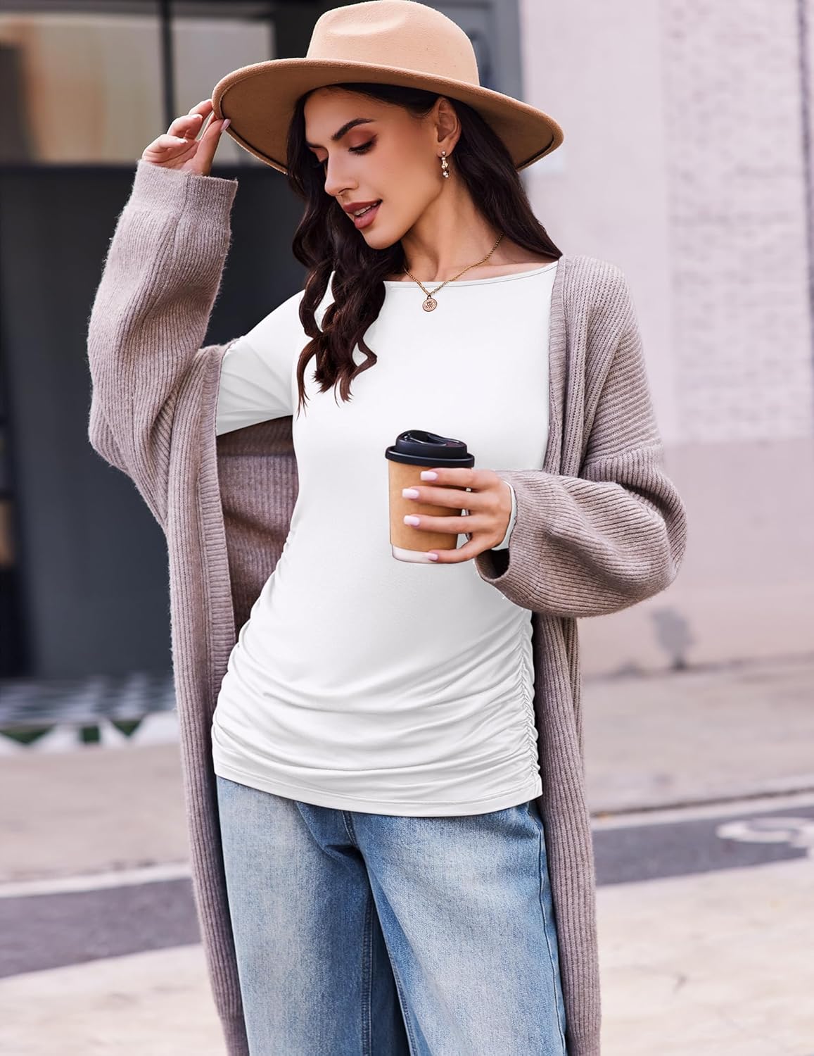 Cream/white long-sleeve maternity tunic tee with gathered hem
