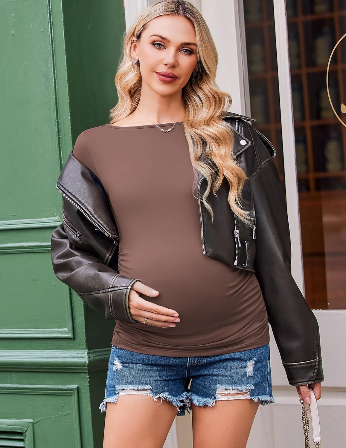 Maternity long sleeve tunic tee, ruched front, chocolate brown