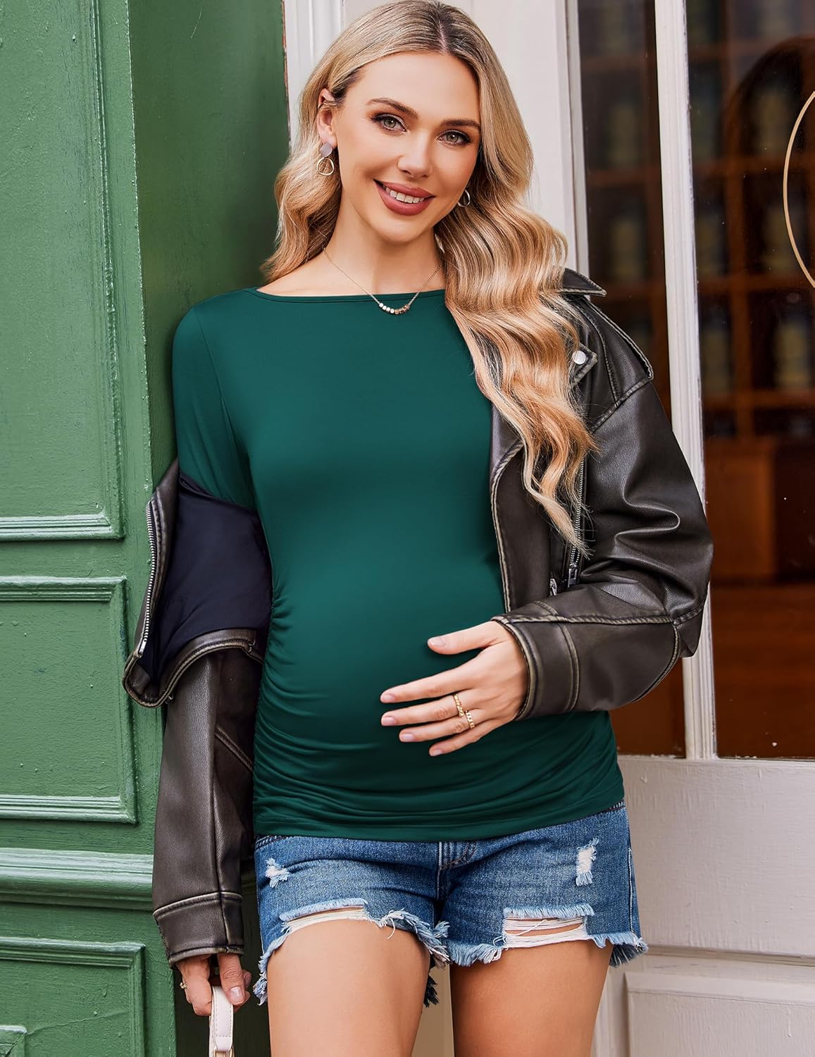 Deep green long-sleeve maternity tunic tee with ruched waist