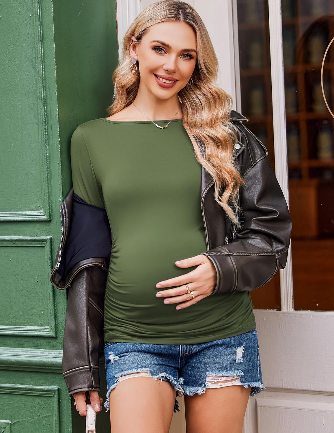 Olive green long-sleeve maternity tunic tee with ruching at the waist