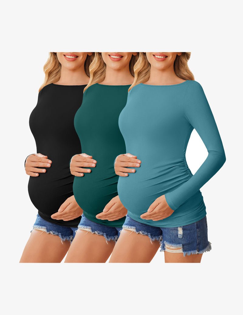 Maternity long-sleeve tunic tee, 3-pack: black, teal, blue