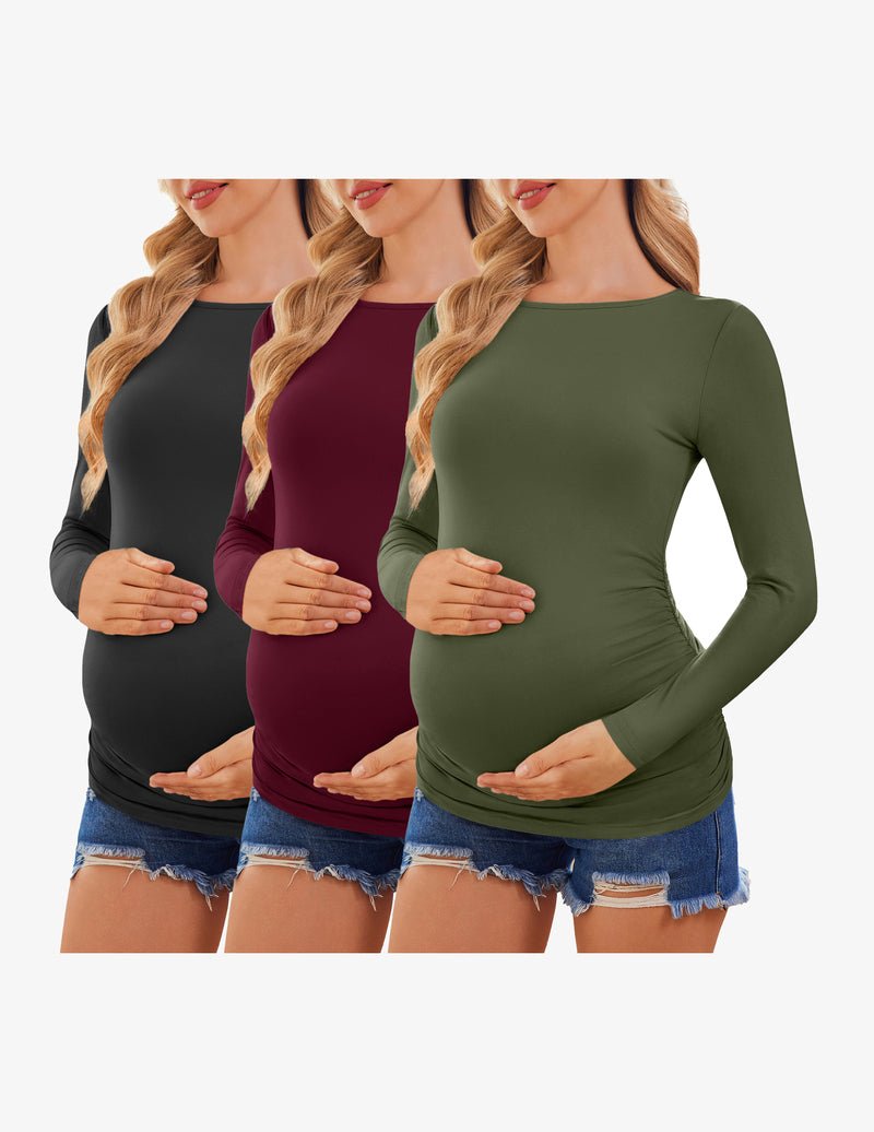 Maternity long-sleeve tunic tee, 3-pack: black, burgundy, olive