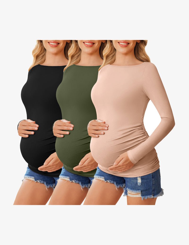 3-pack maternity long-sleeve tunic tees: black, olive green, beige