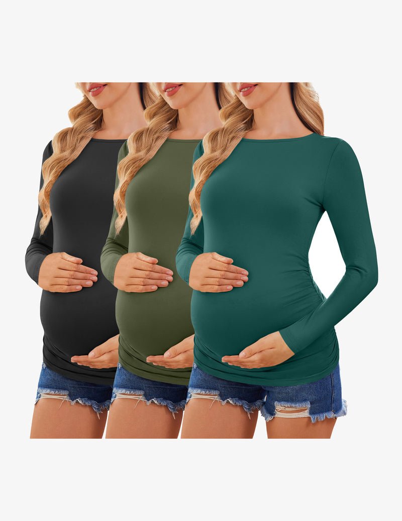 Maternity long-sleeve tunic tee, 3-pack: black, olive, dark teal
