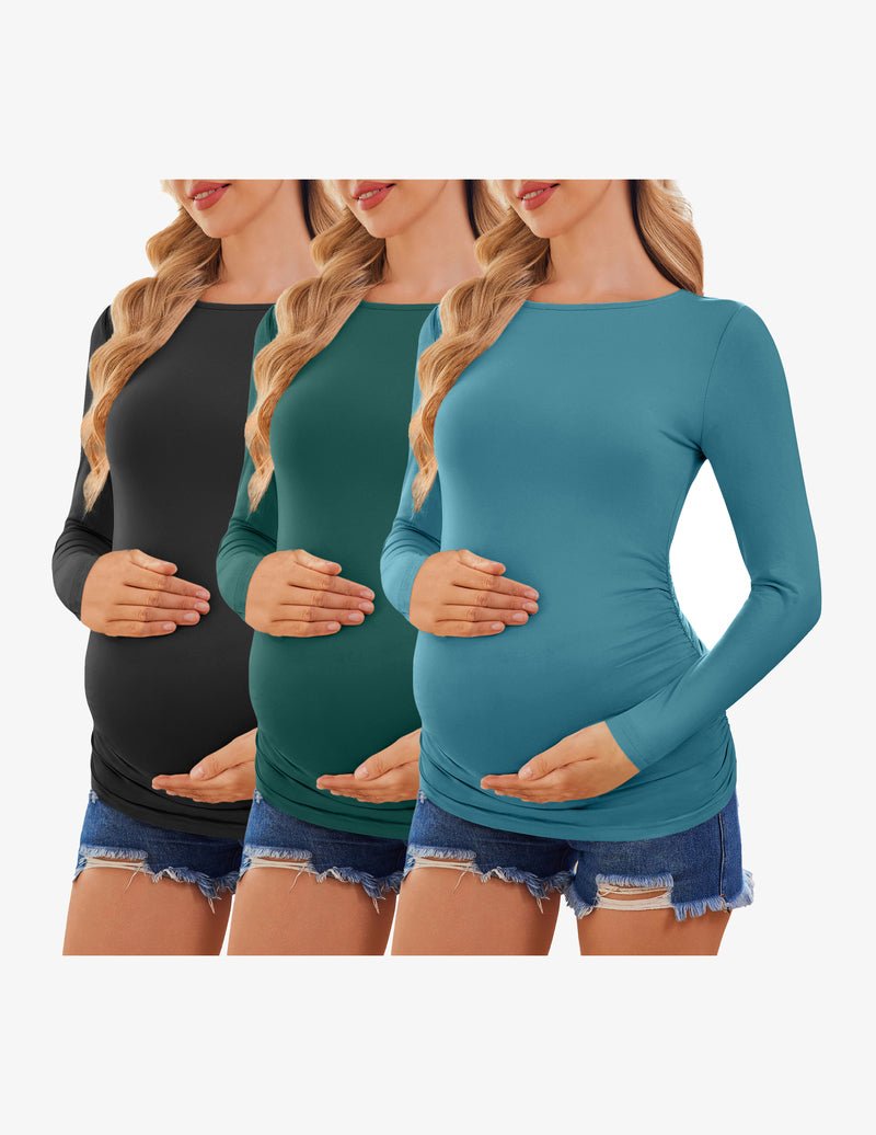 Maternity long-sleeve tunic tee, 3-pack: black, deep green, light teal