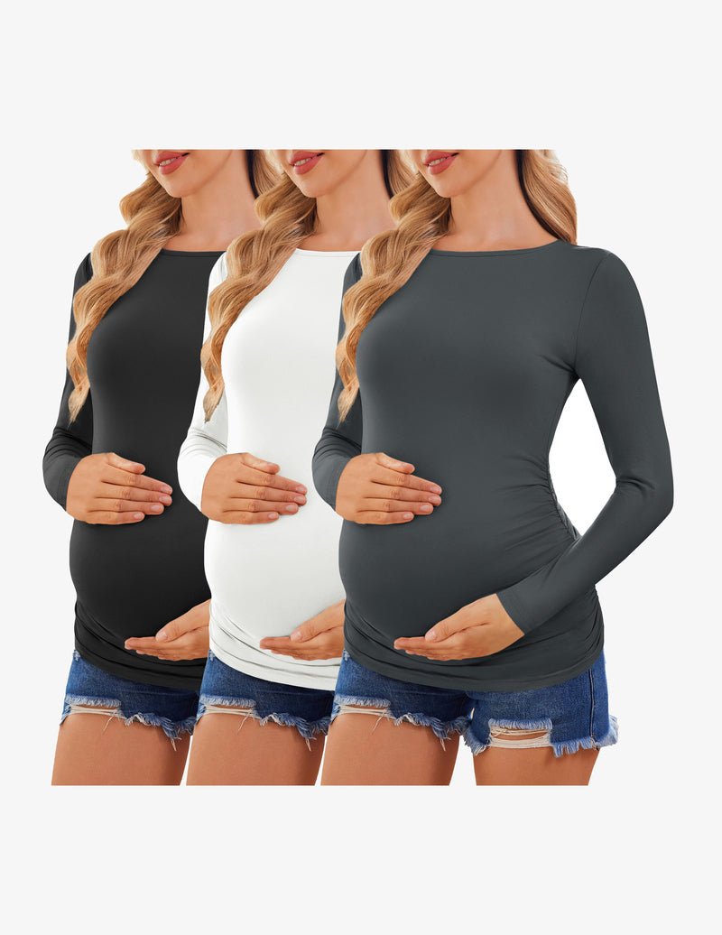 3-pack maternity long-sleeve tunic tees: black, white, gray