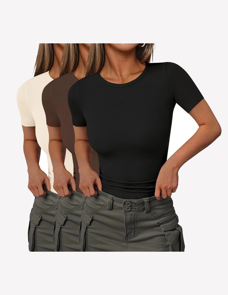 3-pack ribbed knit short-sleeve T-shirts in black, dark brown, off-white