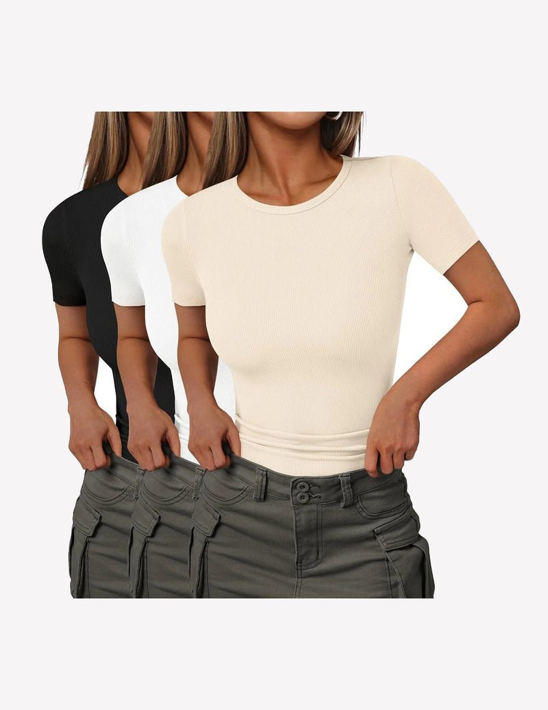 Ribbed knit short-sleeve T-shirts set: beige, white, black (3-pack)