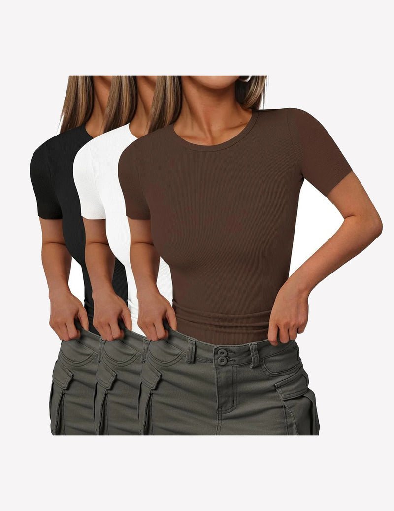 3-pack ribbed knit short-sleeve T-shirts in brown, white, black