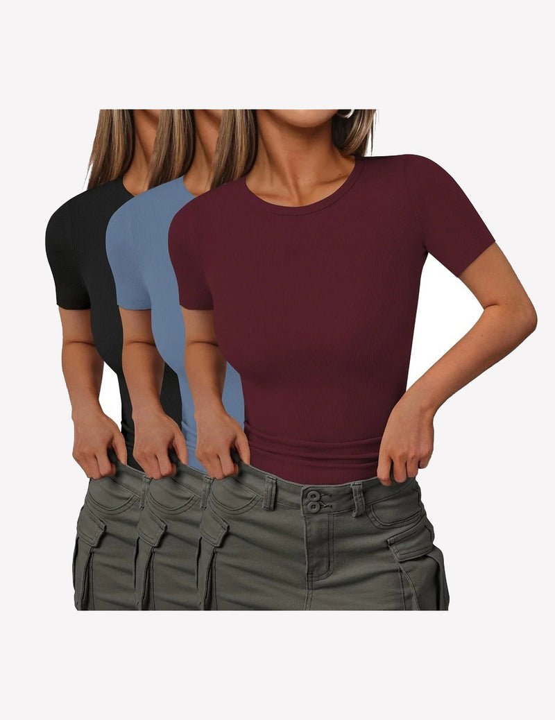 3-pack ribbed knit short-sleeve T-shirts in burgundy, light blue, black