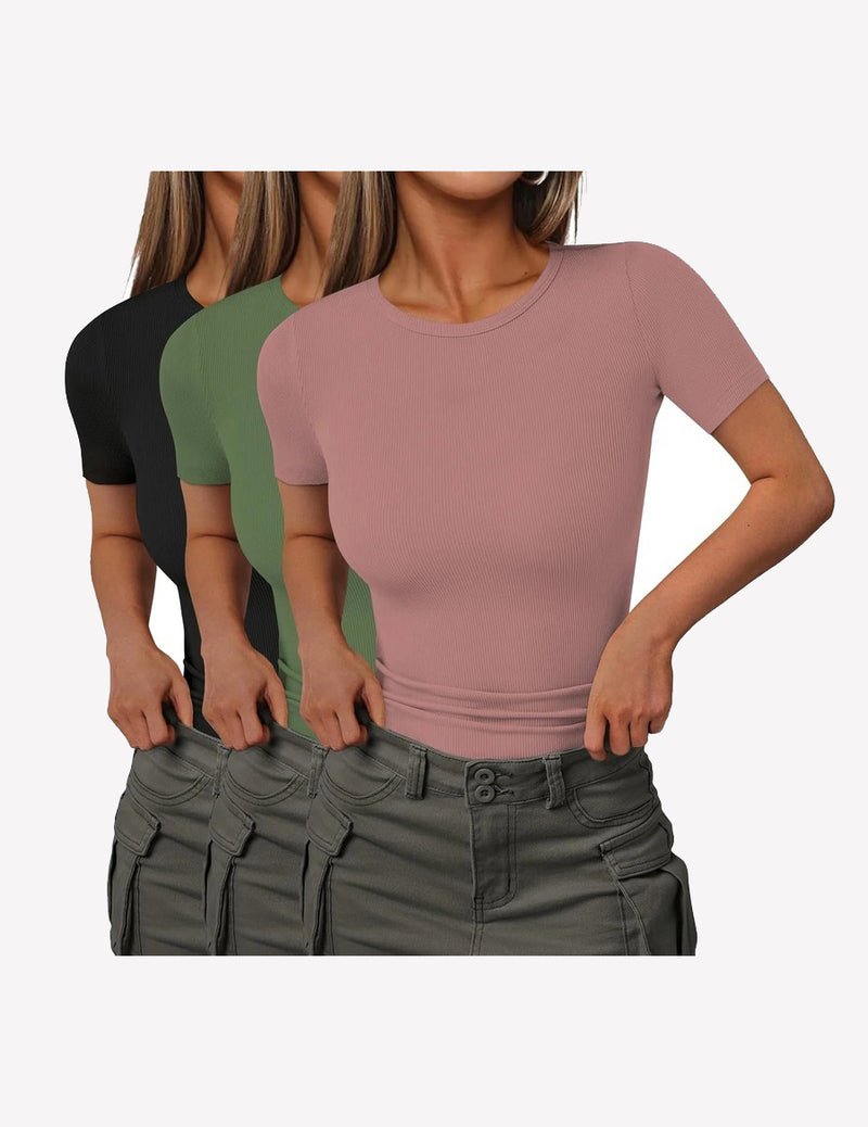 3-pack ribbed knit short-sleeve T-shirts in mauve, green, black