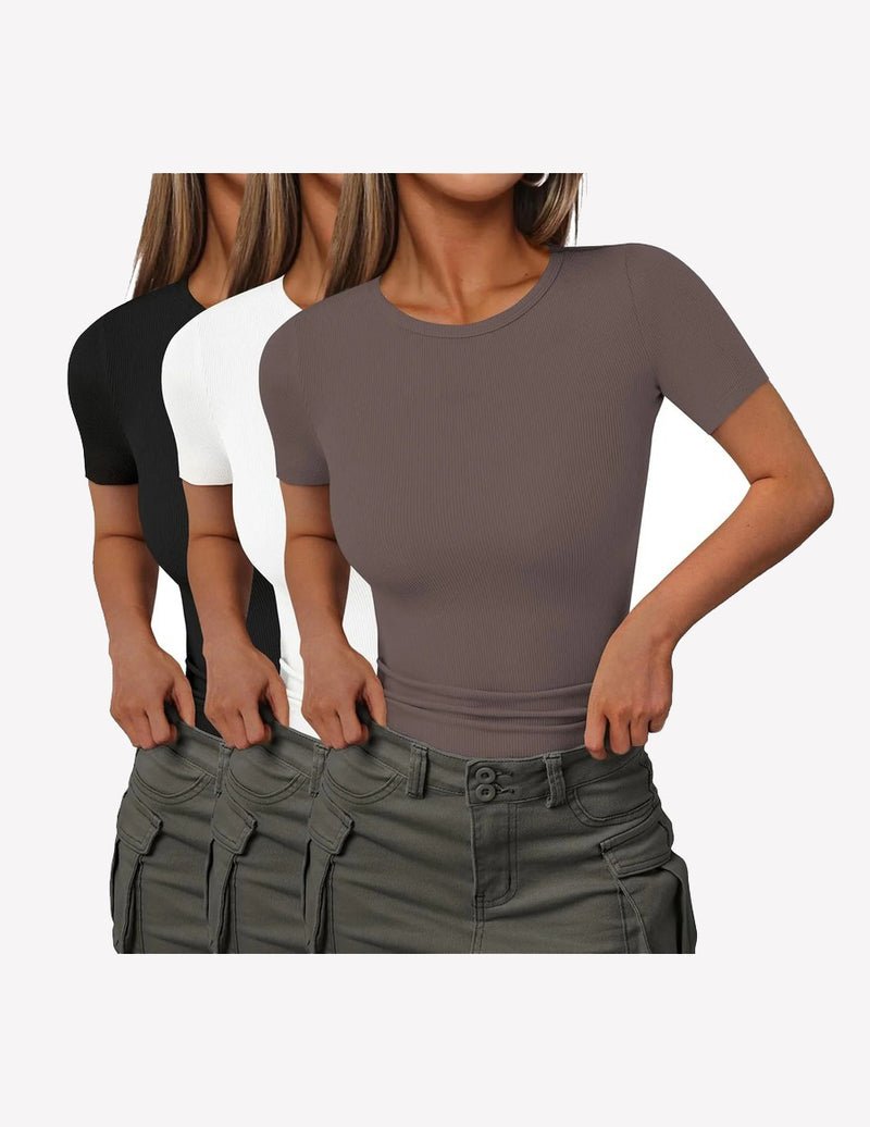 3-pack ribbed knit short-sleeve T-shirts in taupe, brown, white