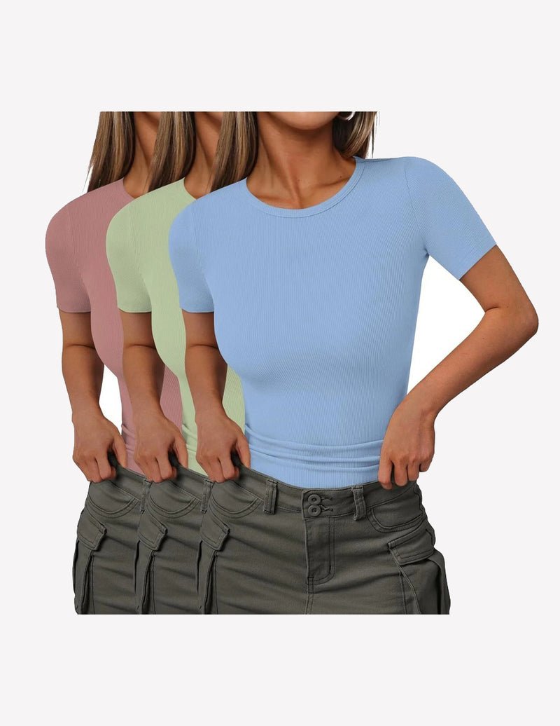 3-pack ribbed knit short-sleeve T-shirts in light blue, mint, pink