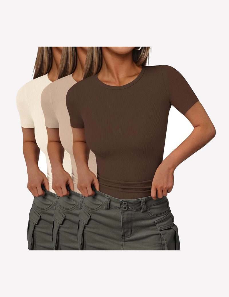 Ribbed knit short-sleeve T-shirts set: brown, beige, white (3-pack)