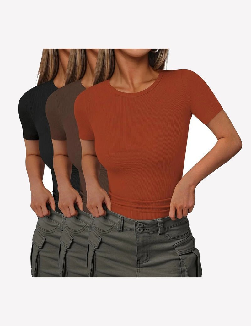 3-pack ribbed knit short-sleeve T-shirts in rust, dark brown, black