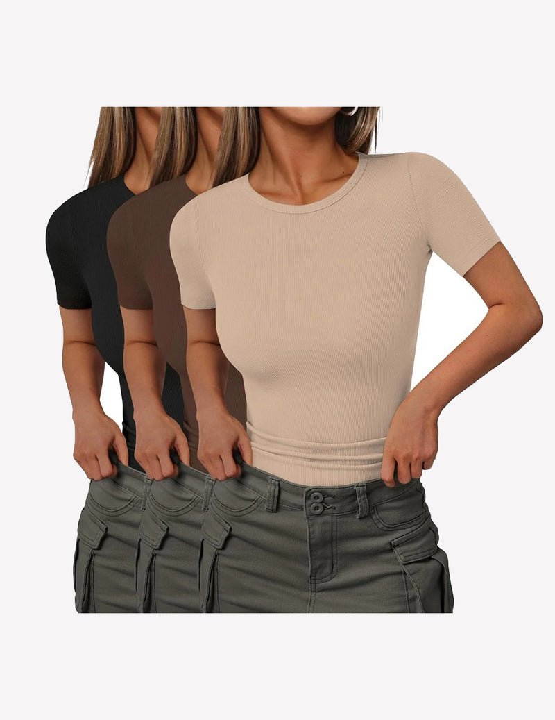 3-pack ribbed knit short-sleeve T-shirts in beige, tan, dark brown