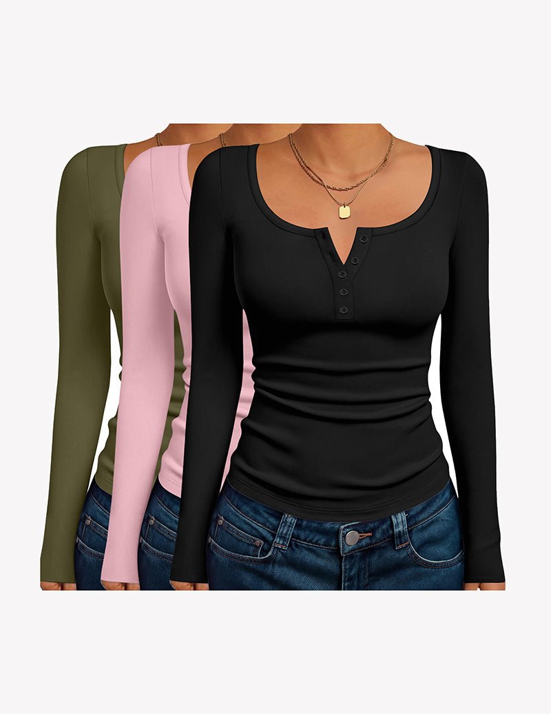 Slim fit thermal henley tops, black, olive green, blush pink (3-pack)