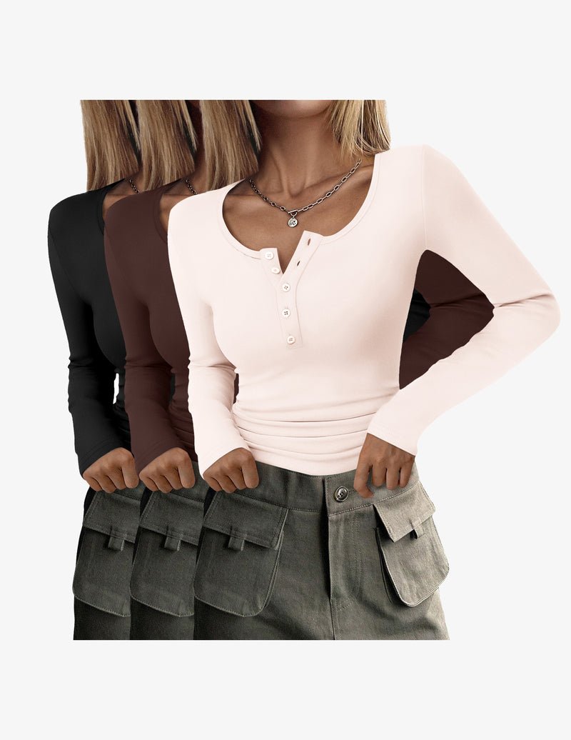 Henley tops bundle: black, brown, white, light pink tones, long sleeves, button placket