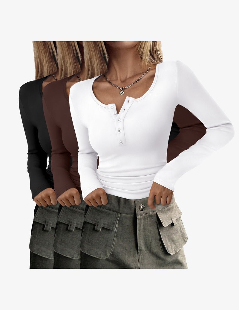Henley tops bundle: white, black, brown tones, long sleeves, button placket