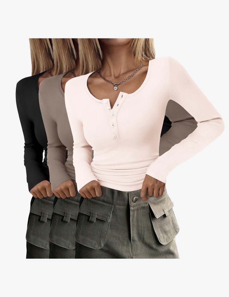 Henley tops bundle: light beige, white, gray, black tones, long sleeves, button placket