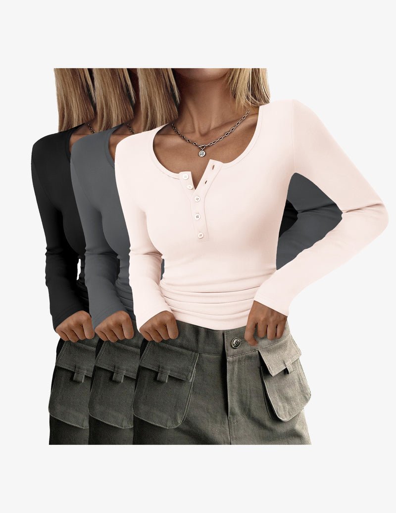 Henley tops bundle: black, gray, white, pale pink tones, long sleeves, button placket