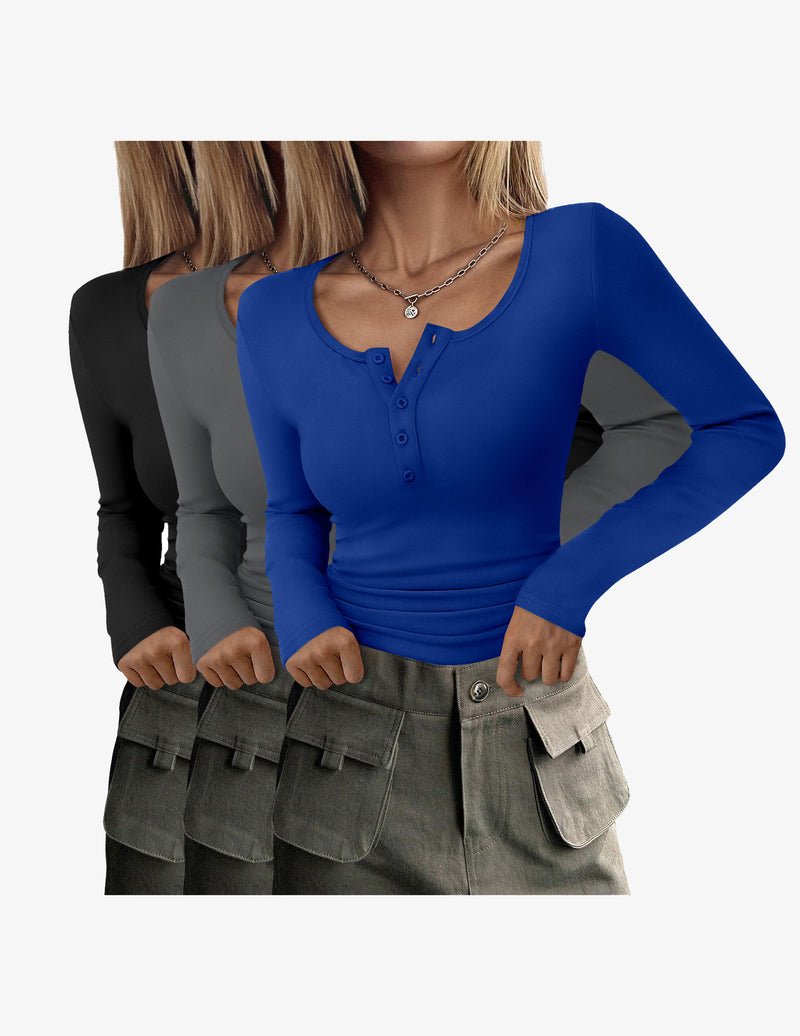 Henley tops bundle: black, gray, and blue tones, long sleeves, button placket