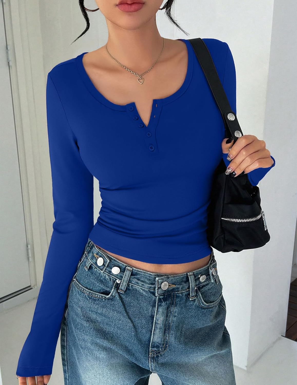 Royal blue long-sleeve henley thermal top, slim fit, button front