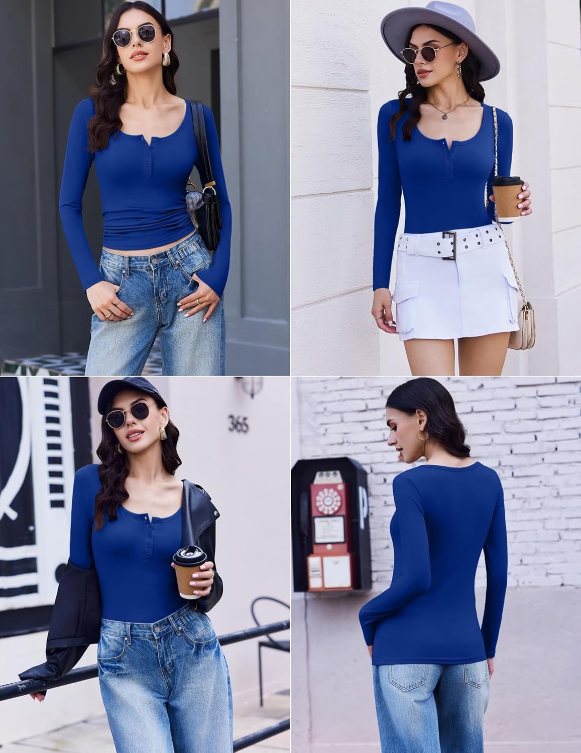 Blue long-sleeve henley thermal top, slim fit, button front