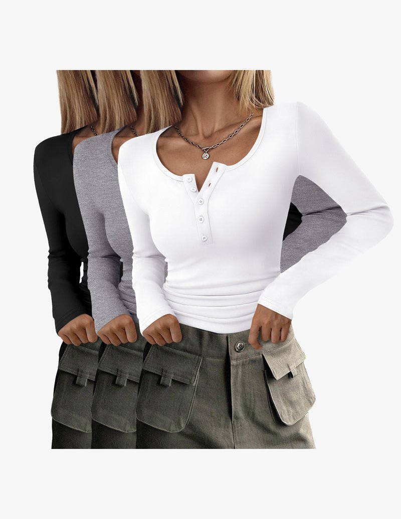3-pack slim fit long-sleeve henley thermal tops: black, heather gray, white