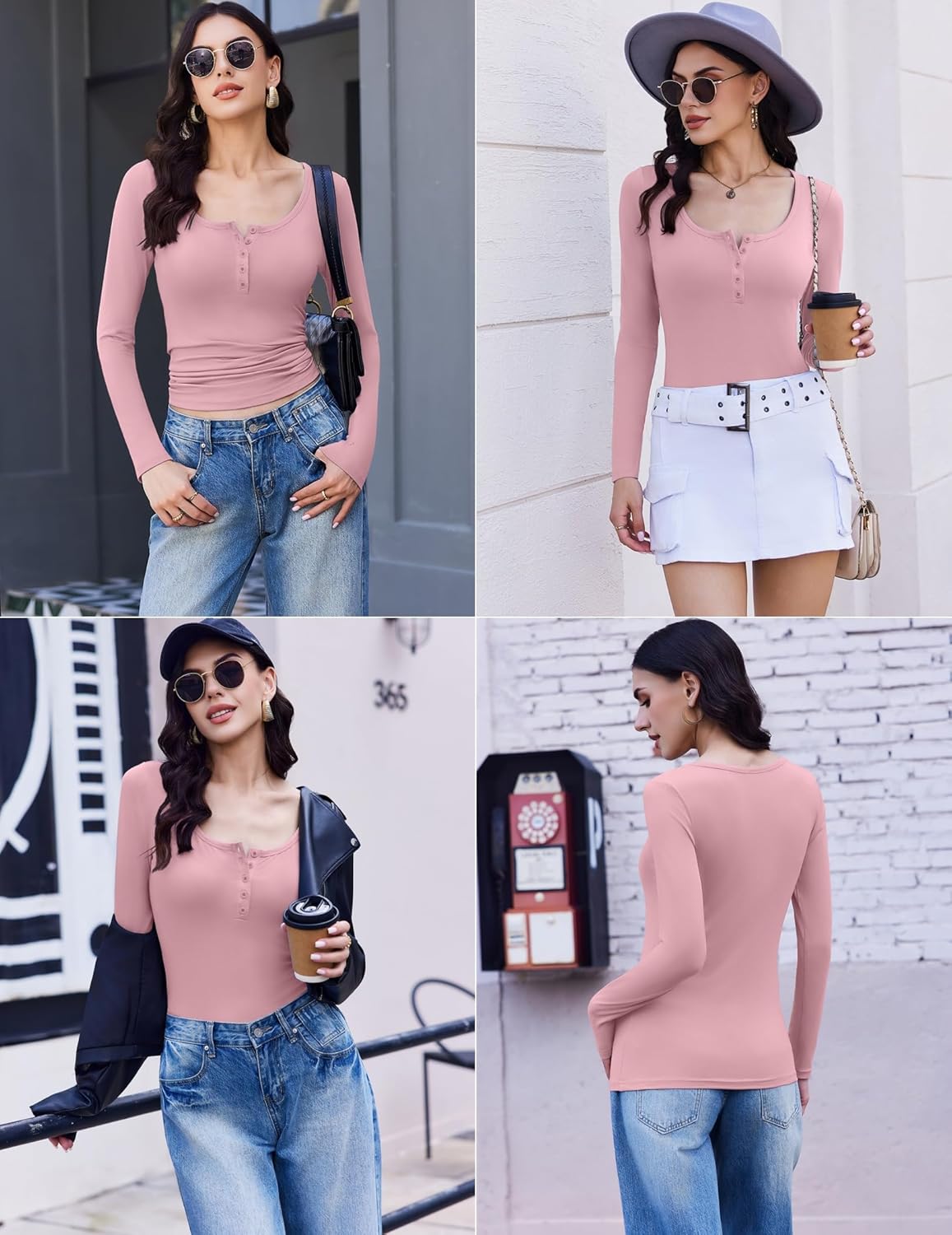 Pink long-sleeve henley top, front and back views, button placket