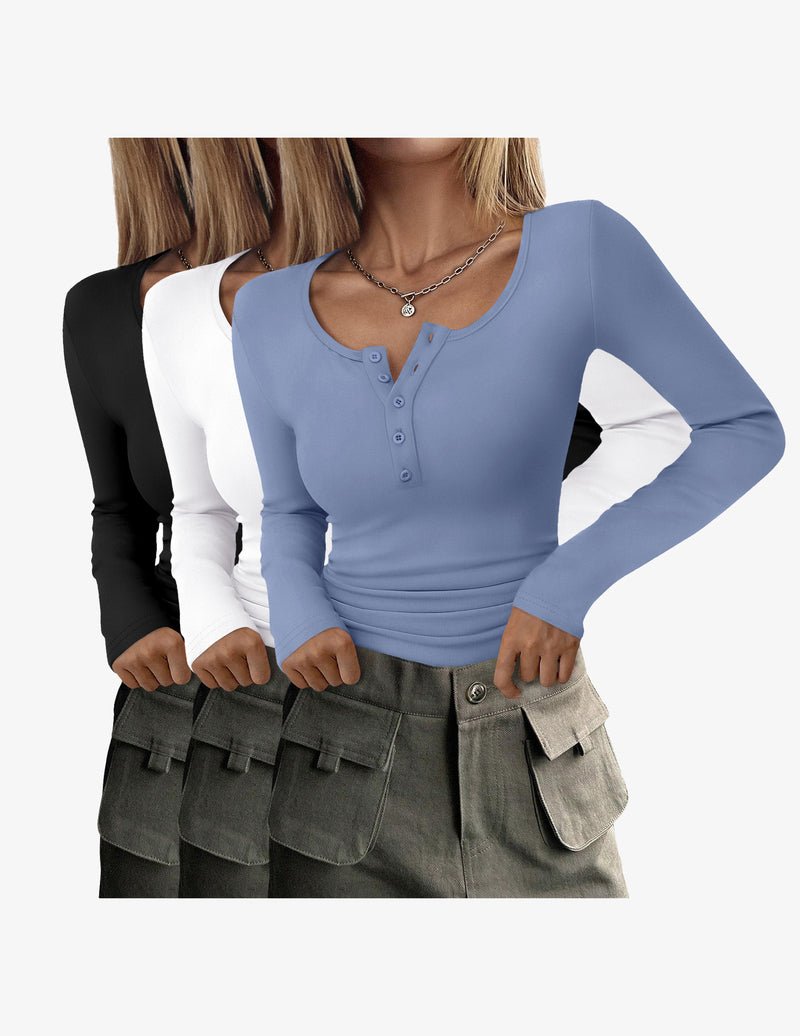 3-pack slim fit thermal henley tops, light blue, white, black