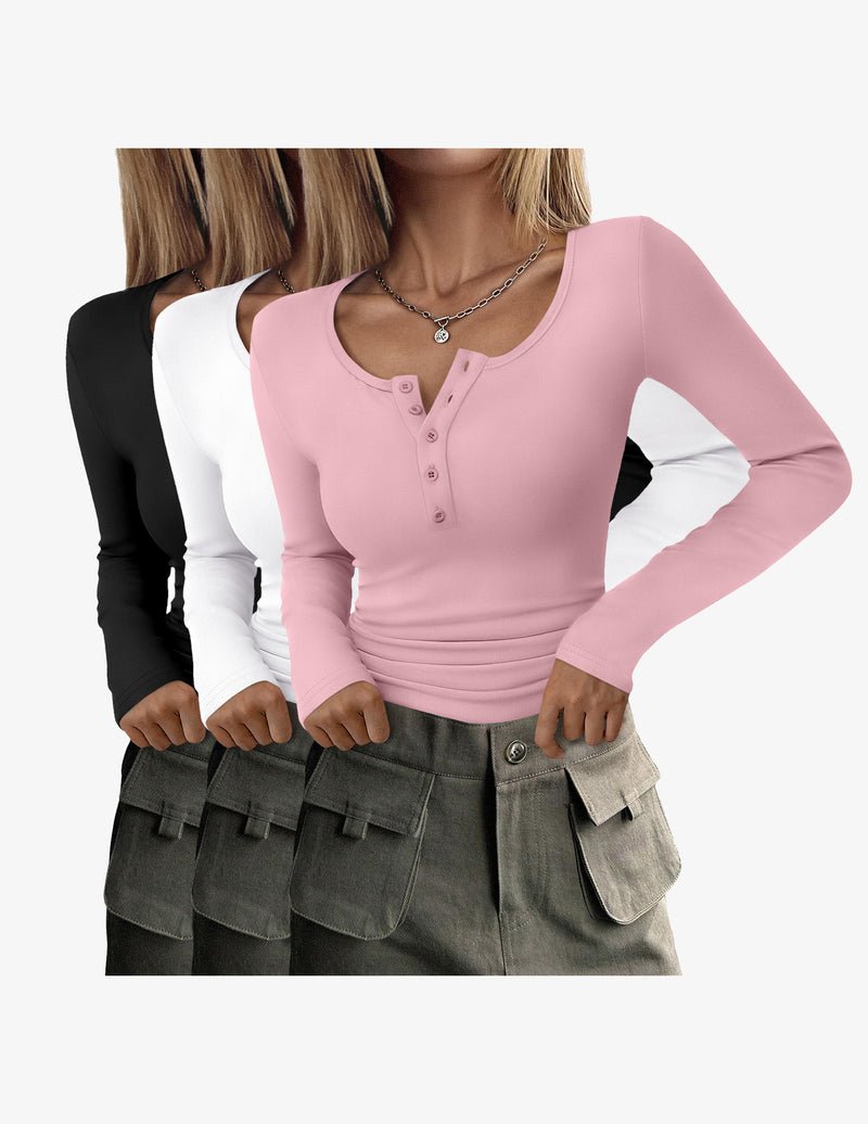 Henley tops bundle: blush pink, white, black tones, long sleeves, button placket