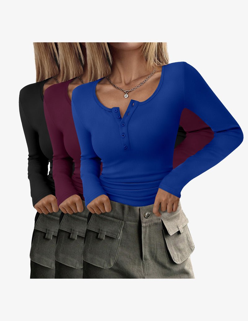 3-pack slim fit thermal henley tops, royal blue, burgundy, black
