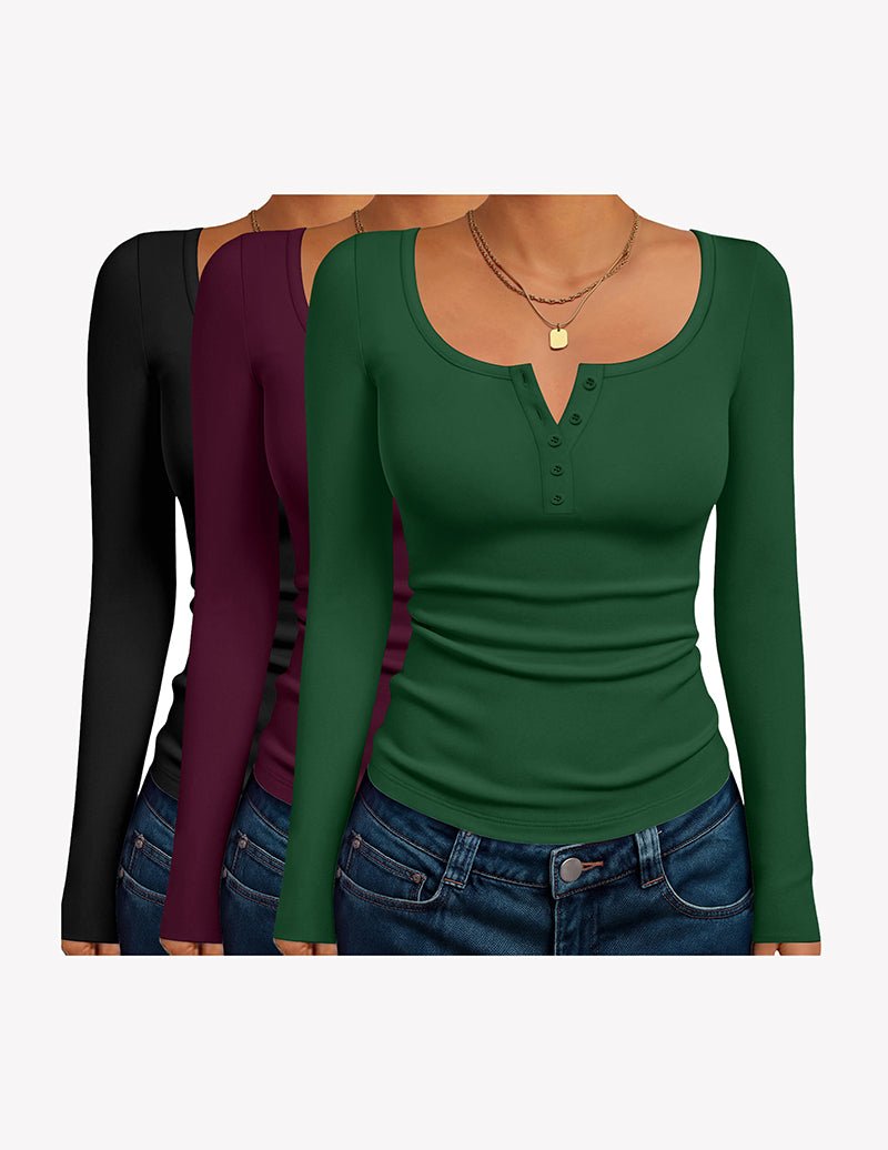 Slim fit thermal henley tops, green, burgundy, black (3-pack)