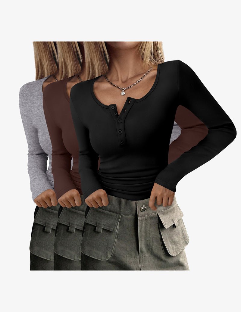 3-pack slim fit thermal henley tops, black, charcoal gray, dark brown