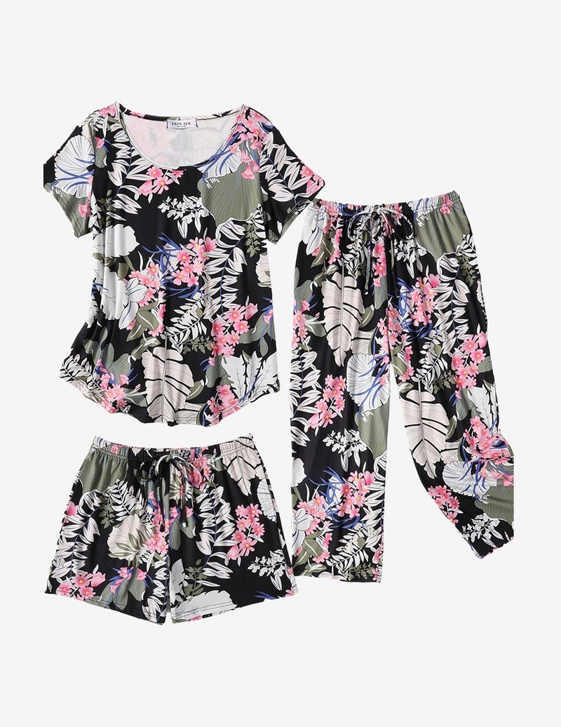 3 PCS Capri pajamas set: black floral short-sleeve top with pink/green leaf print capri pants