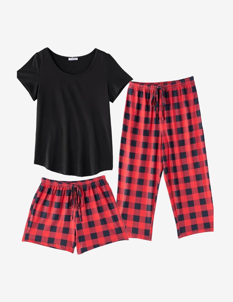 3 PCS Capri pajamas set: black short-sleeve tee with red plaid capri pants & matching shorts