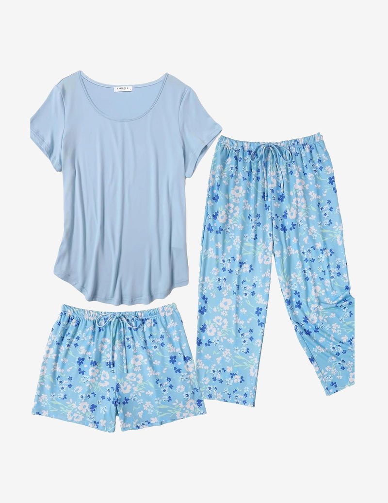 3 PCS Capri pajamas set: light blue tee with blue floral capri pants & matching shorts