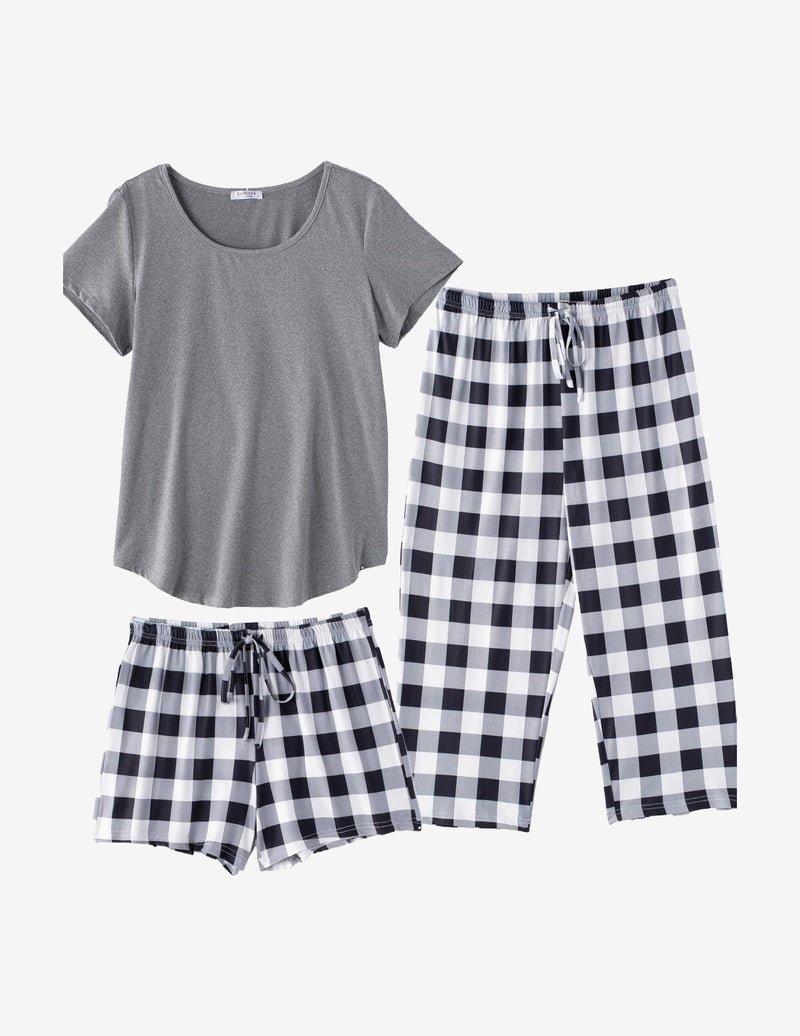 3 PCS Capri pajamas set: gray short-sleeve tee with black/white plaid capri pants & shorts