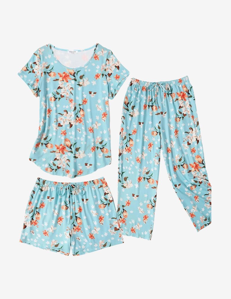 3 PCS Capri pajamas set: aqua floral tee with floral capri pants and shorts set