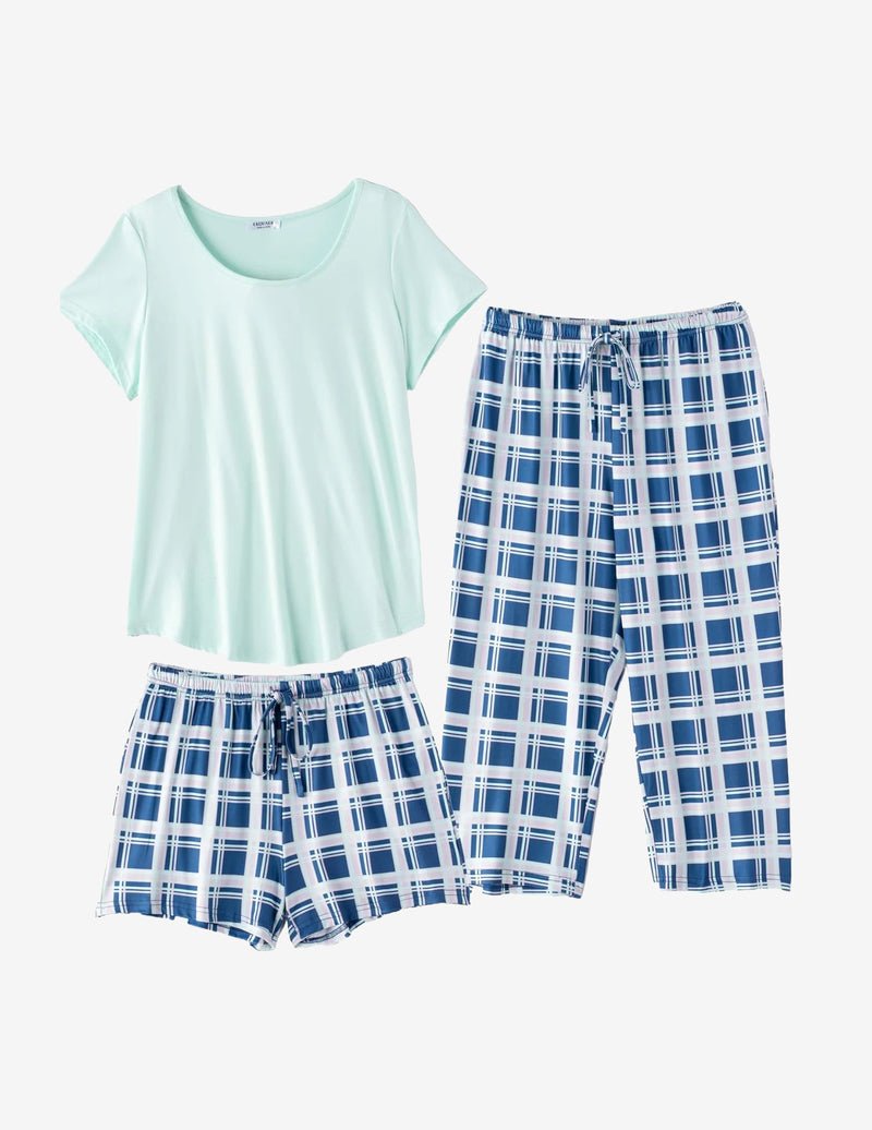3 PCS Capri pajamas set: mint short-sleeve tee with blue plaid capri pants & shorts