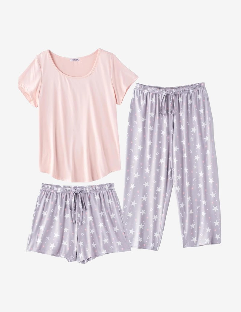 3 PCS Capri pajamas set: light pink tee with lavender star-print capri pants & shorts