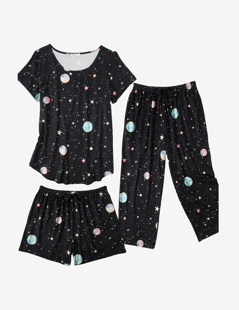 3 PCS Capri pajamas set: black galaxy-print tee with planet-pattern capri pants & shorts