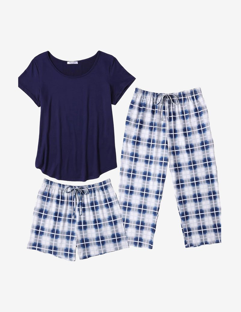3 PCS Capri pajamas set: navy short-sleeve tee with blue plaid capri pants & shorts