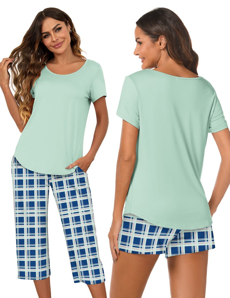 3-teiliges Capri-Pyjama-Set mit kurzem Ärmel in Mintgrün und blauem Karo-Muster unten