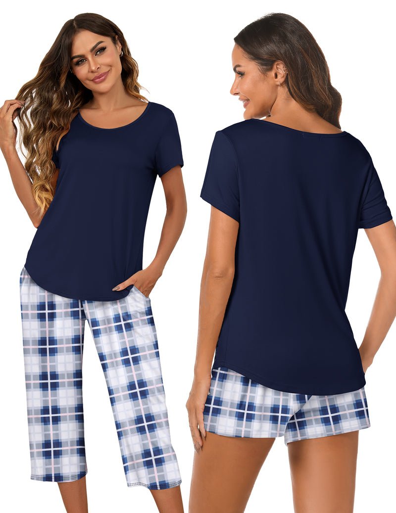 3-piece capri pajama set: navy short-sleeve top with blue plaid capri pants