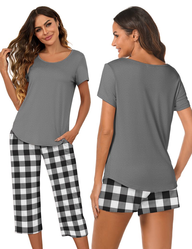 3-teiliges Capri-Pyjama-Set mit kurzem Ärmel in Dunkelgrau und schwarz-weißem Karomuster unten
